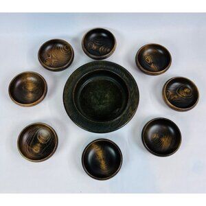 Vintage Wooden Bowl Set Rustic Dark Grain 8 Bowls Large Serving Bowl